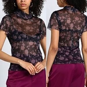 NWT Free People Intimately Sz S tulle floral mesh mock neck top retro 70s boho